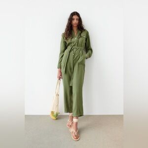 ZARA‎ NWT Jumpsuit Modal Contrasting Stitch Romper Army Green | Small